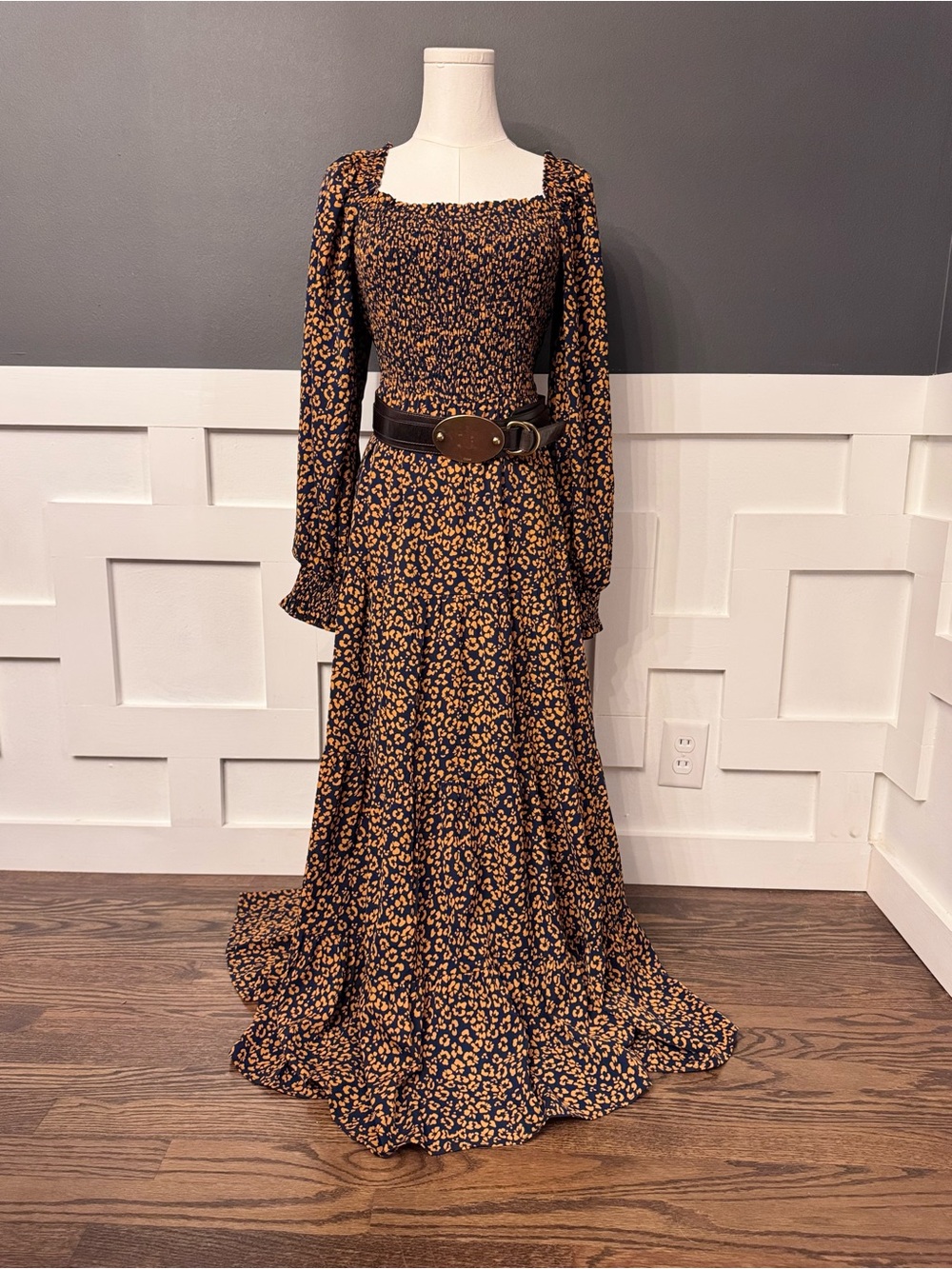 Smocked Square-Neck Leopard  Maxi Dress in Navy and Tan